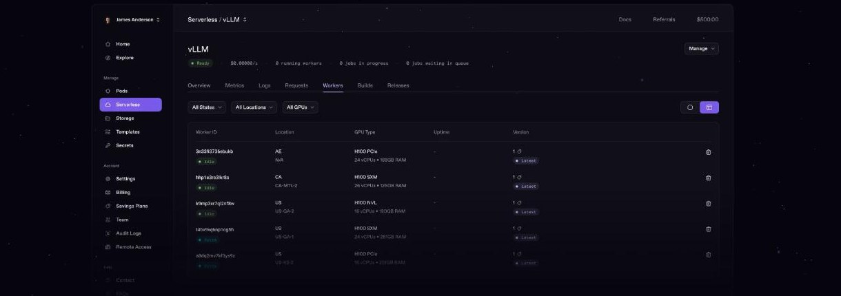 RunPod Serverless endpoint dashboard showing workers across regions
