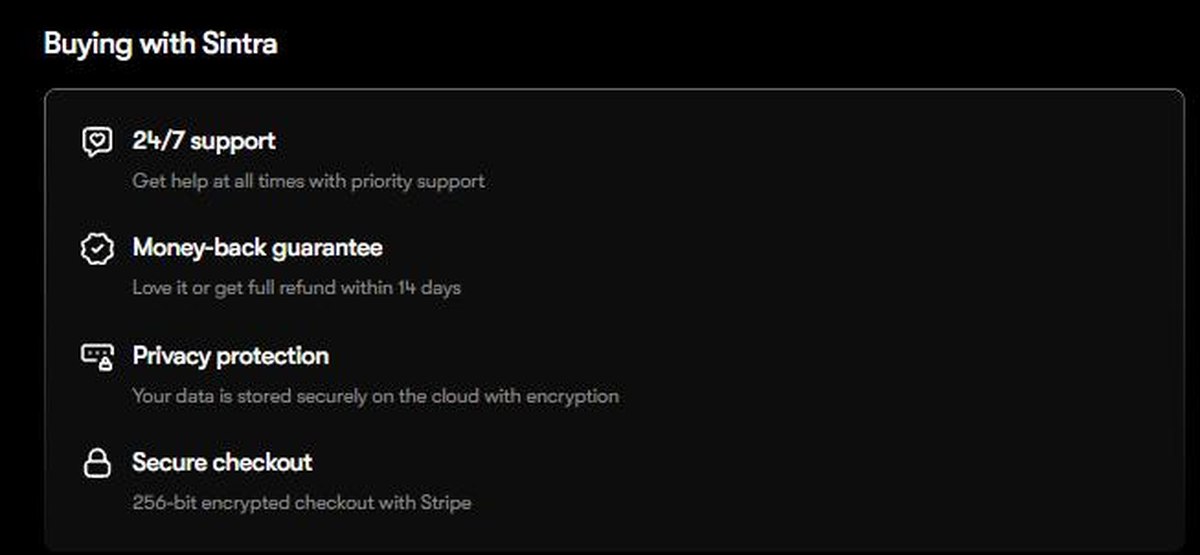 Sintra AI buyer protections 24 7 support 14 day money back guarantee privacy protection and secure Stripe checkout