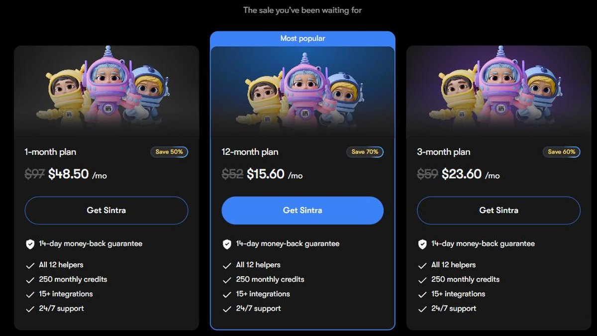 Sintra AI pricing plans 1 month 3 month and 12 month with all 12 helpers and 250 monthly credits