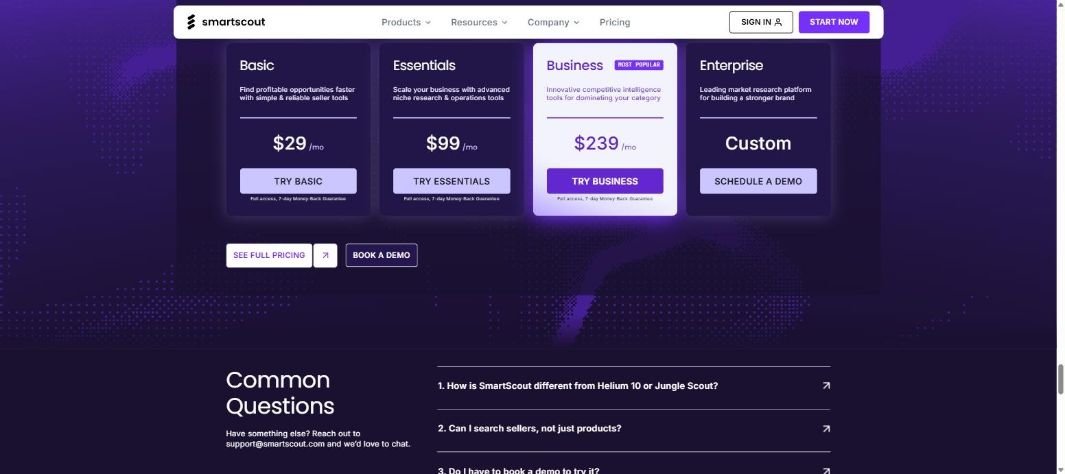 SmartScout pricing plans Basic 29, Essentials 99, Business 239 and Enterprise custom with 7-day money-back guarantee