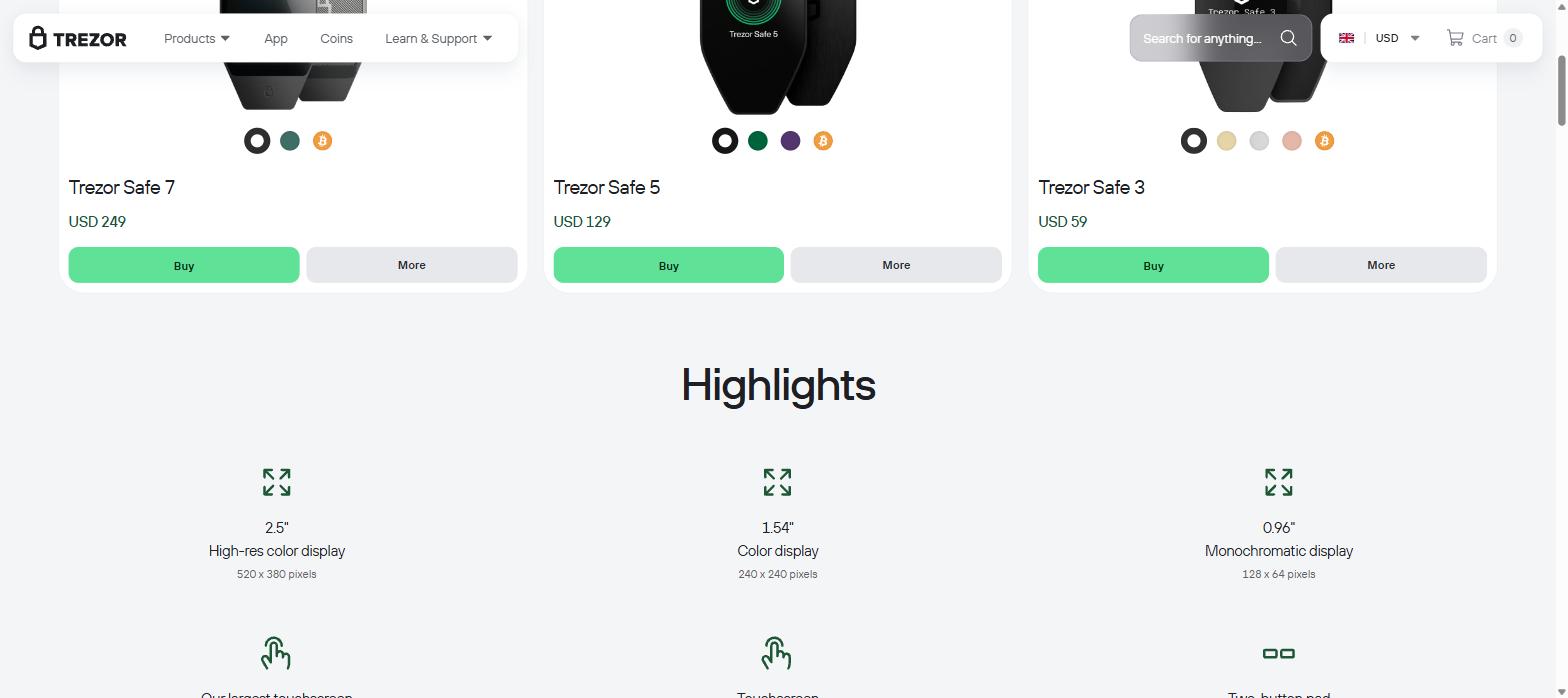 Trezor Safe 7, Safe 5 and Safe 3 compared with prices and screen specs