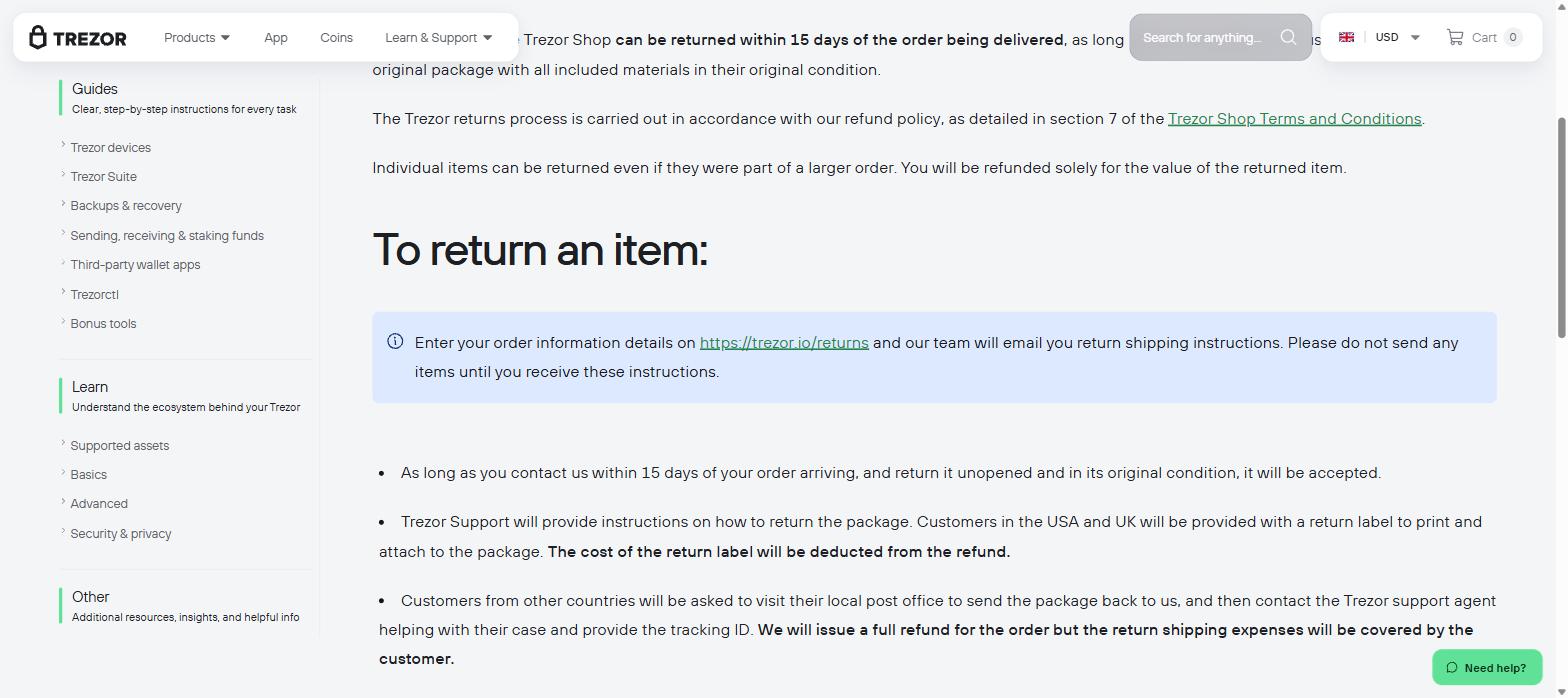 Trezor 15-day returns policy requiring unopened original packaging