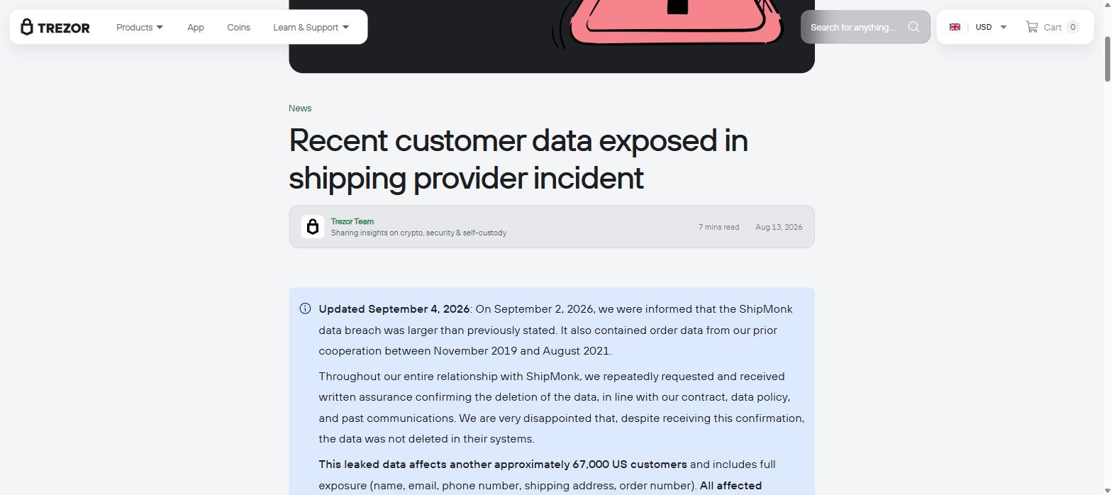 Trezor disclosure of the ShipMonk shipping provider data breach