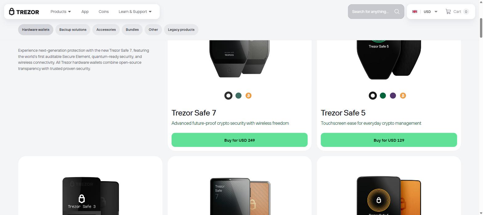 Trezor Safe 7 and Safe 5 prices on the official Trezor store