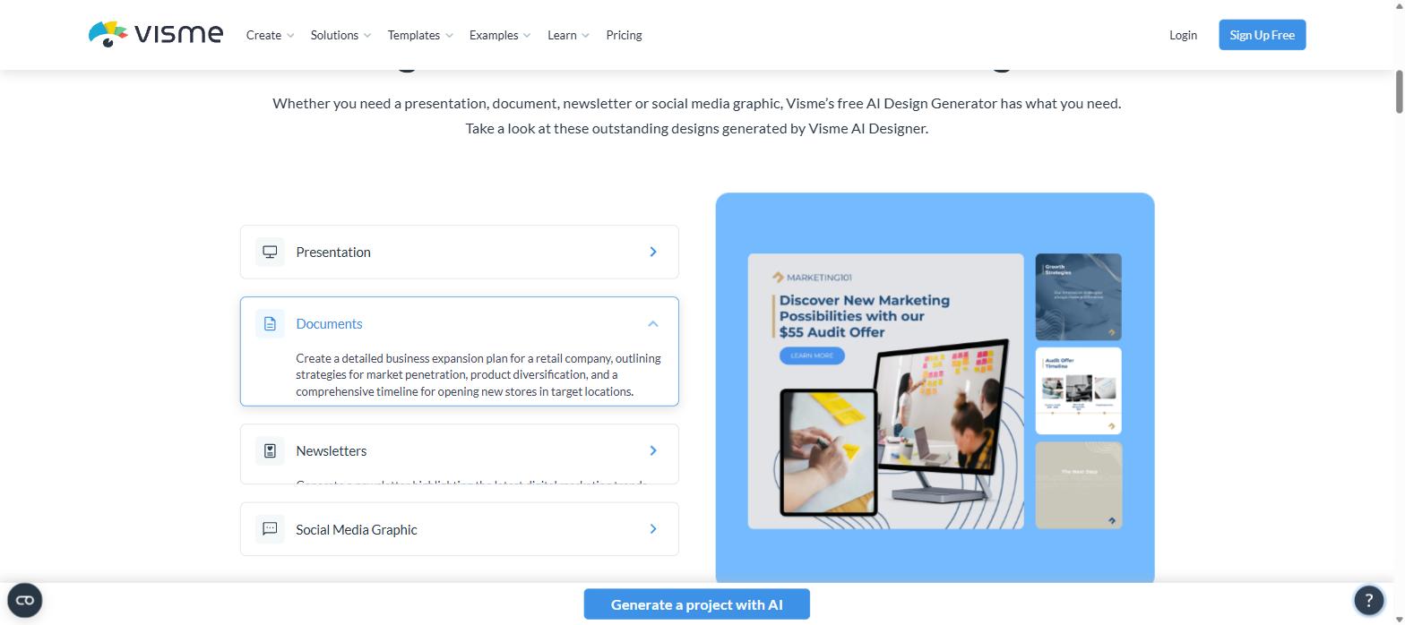 Visme AI Designer sample prompts for presentations documents newsletters and social graphics with generated output