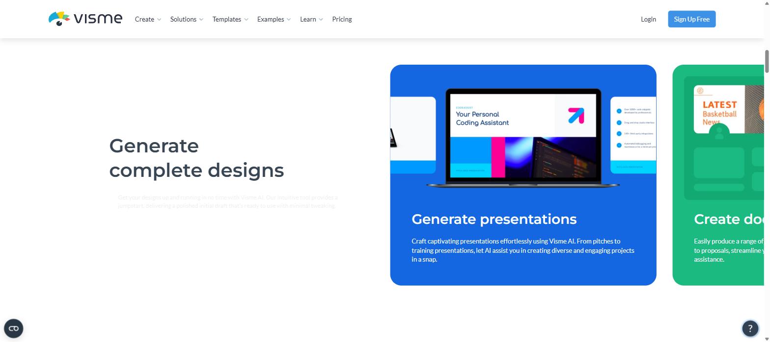 Visme AI generate complete designs section showing AI presentation and document generation