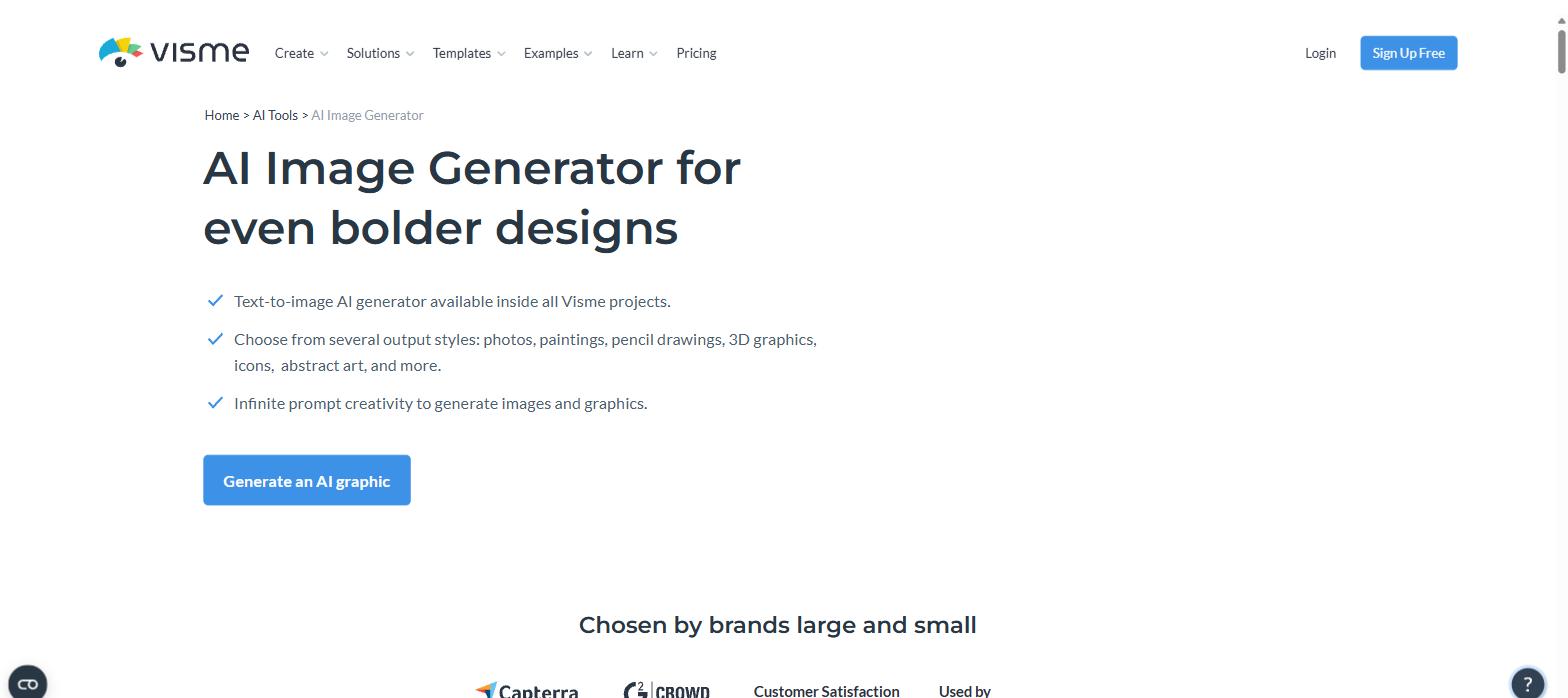 Visme AI Image Generator page showing text to image styles available inside all Visme projects