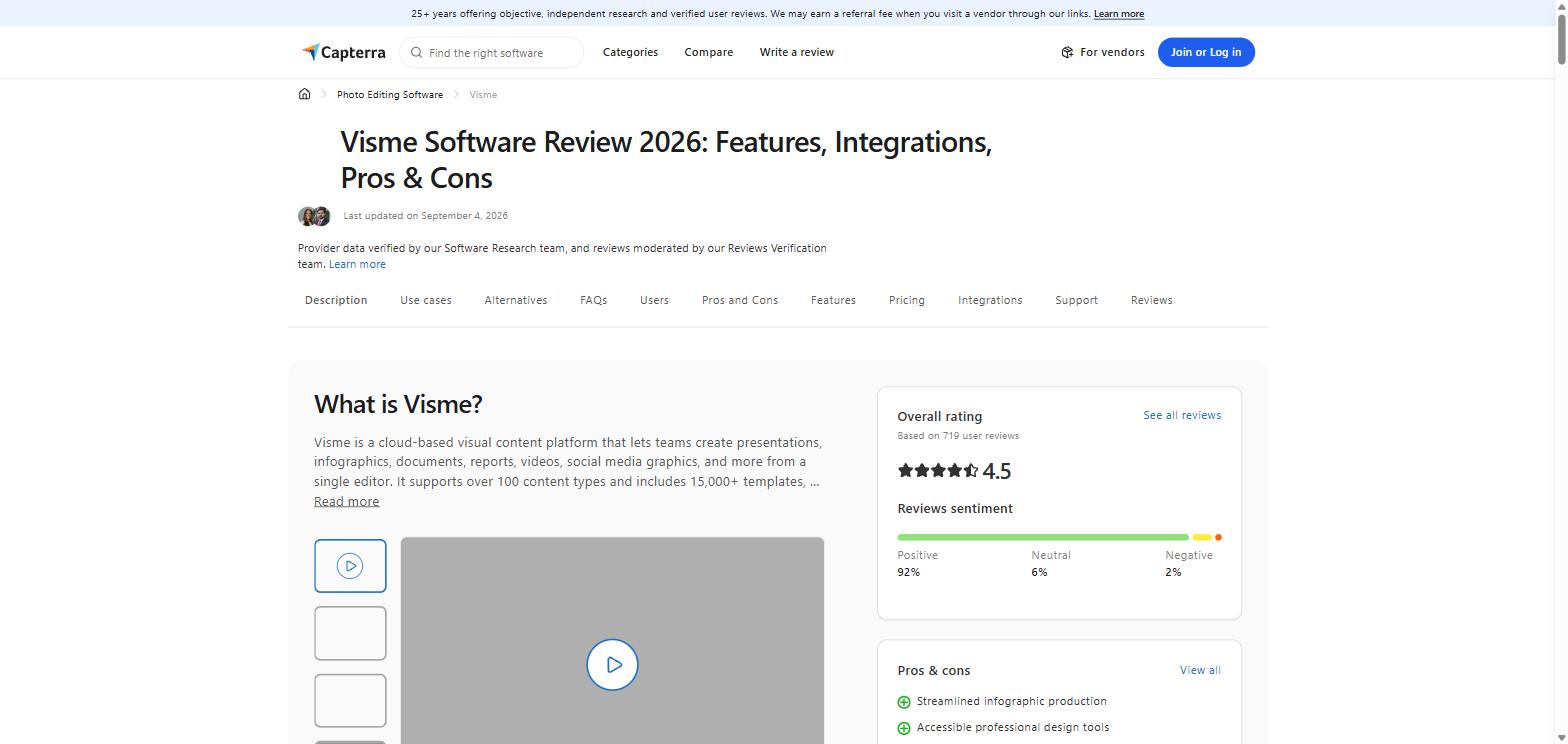 Visme on Capterra with a 4.5 out of 5 rating from 719 user reviews and 92 percent positive sentiment