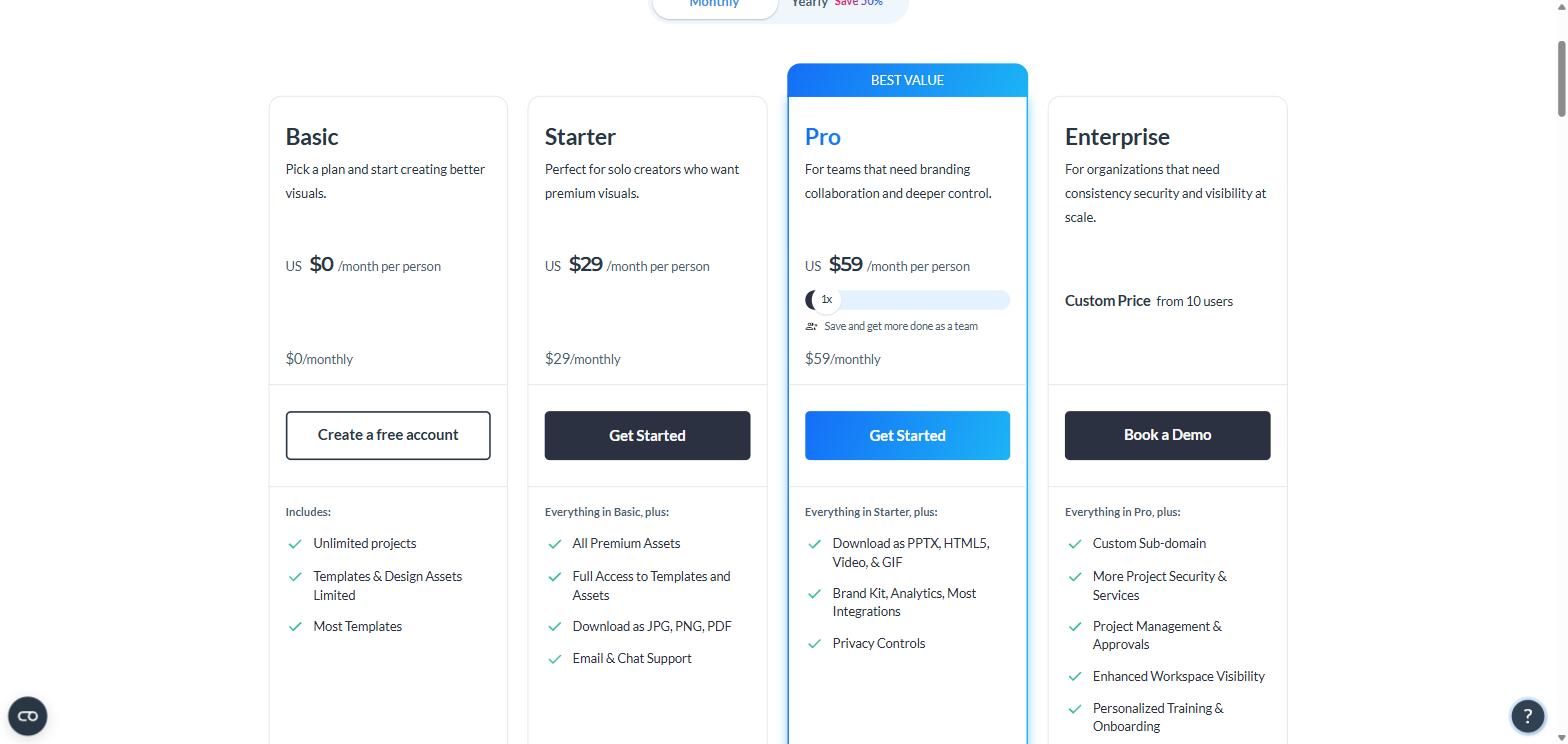Visme free plan next to the Starter, Pro and Enterprise paid tiers on the Visme pricing page