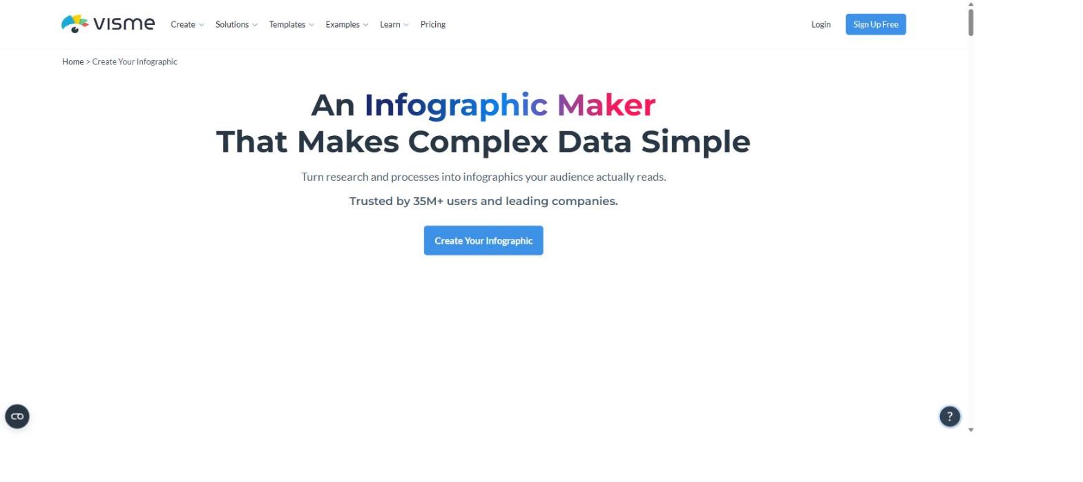 Visme infographic maker page stating it makes complex data simple and is trusted by 35M plus users