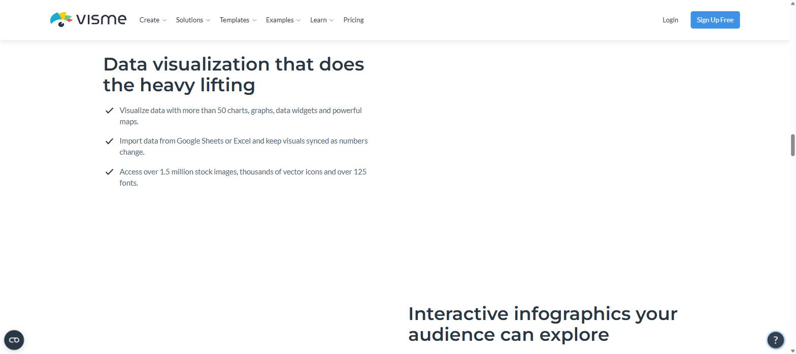Visme data visualization features: 50+ charts and widgets, Google Sheets and Excel import with synced visuals