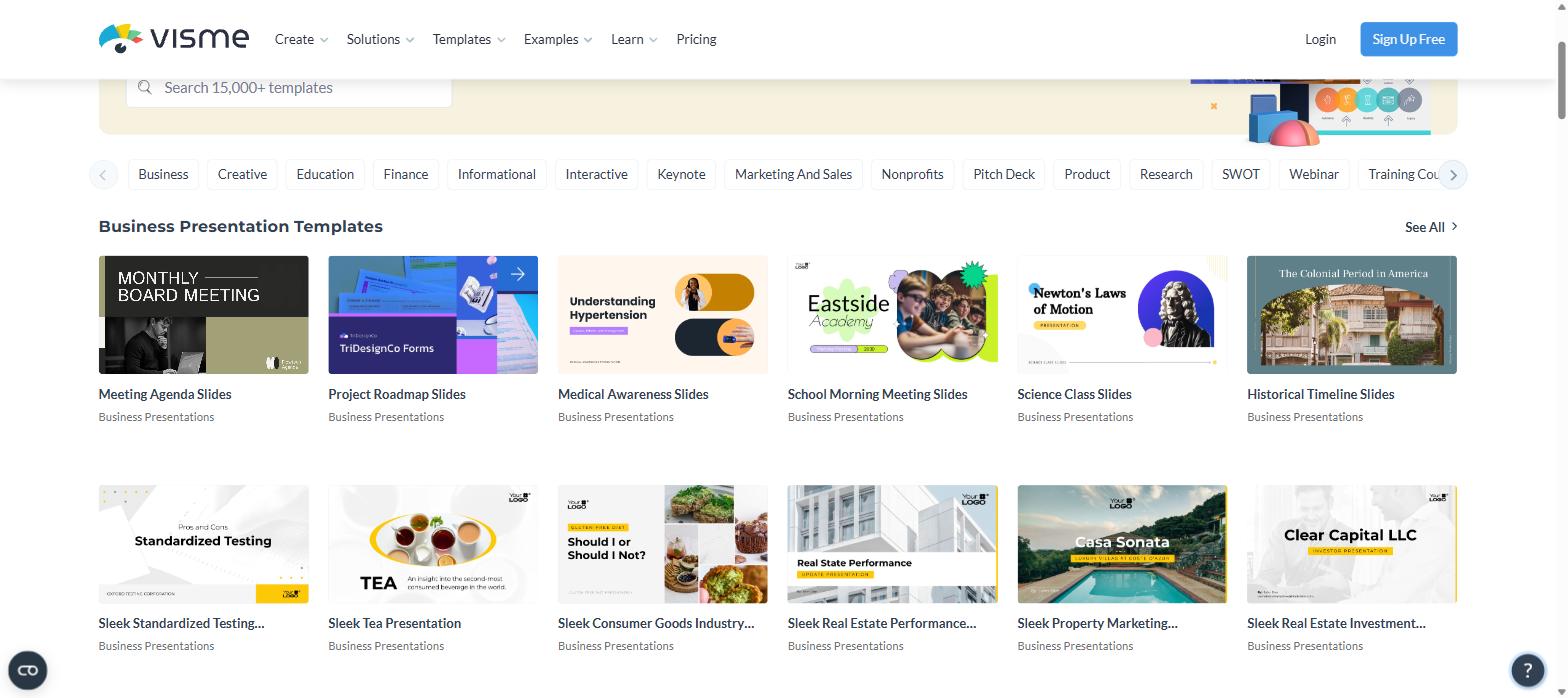 Visme presentation templates with 17 sub-categories including Pitch Deck, SWOT and Training Courses