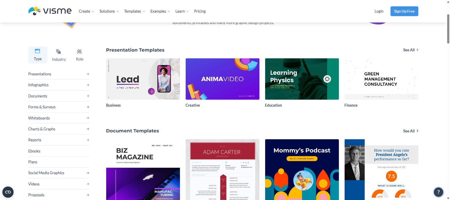 Visme templates library with Type, Industry and Role filters and content type categories