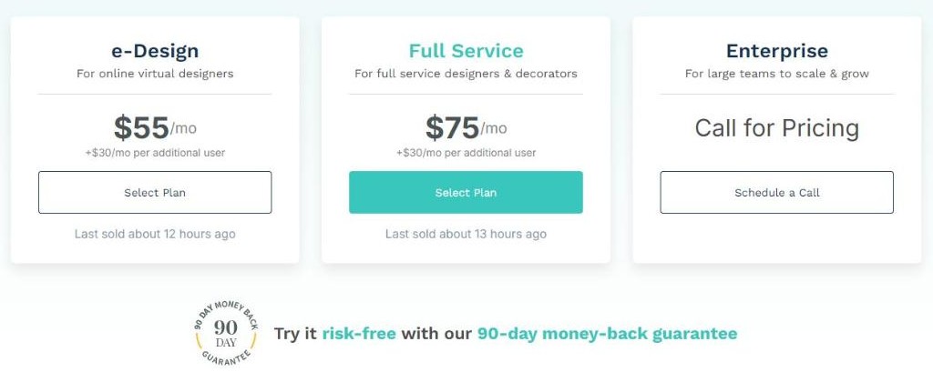 The three DesignFiles plan cards above the 90 day money back guarantee badge