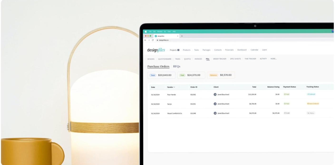 DesignFiles procurement dashboard with purchase orders and RFQ tabs