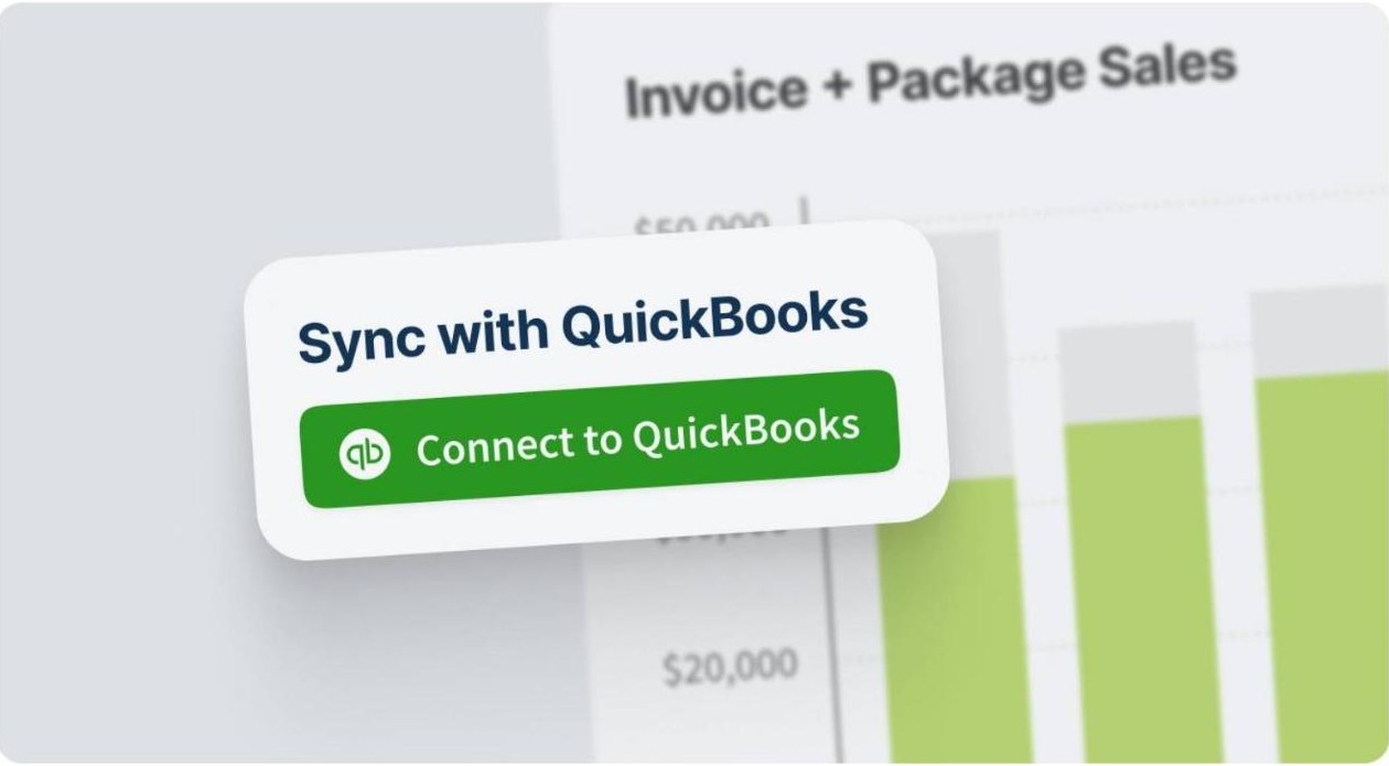 Connect to QuickBooks button beside an invoice and package sales chart