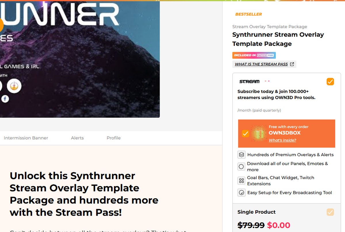 OWN3D overlays package page showing the price and what is included