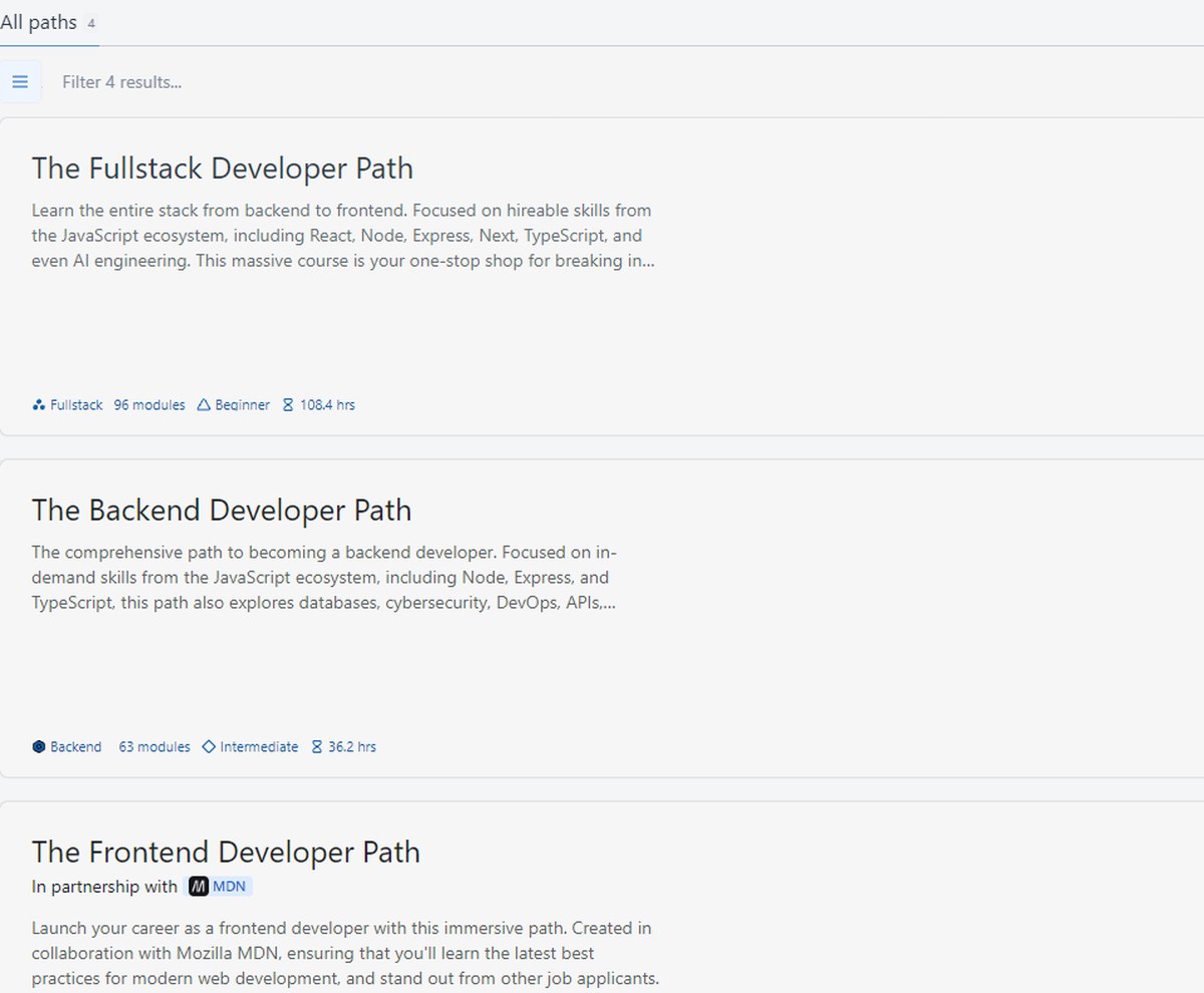 Scrimba career paths listing module counts and hours for the Fullstack, Backend and Frontend developer paths