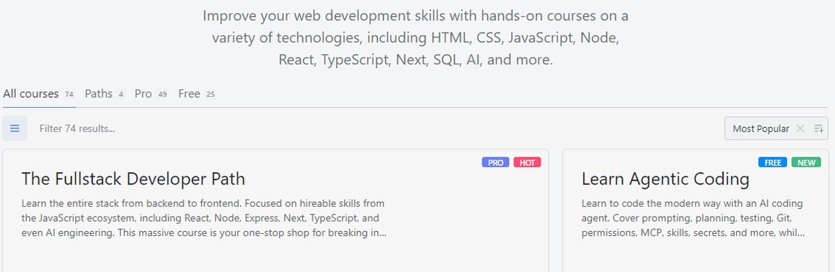 Scrimba course catalogue showing 74 courses, 4 paths, 49 Pro and 25 free