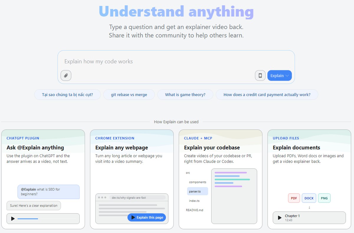 Scrimba Explain turning a question into an explainer video, with ChatGPT plugin, Chrome extension, Claude MCP and file upload options