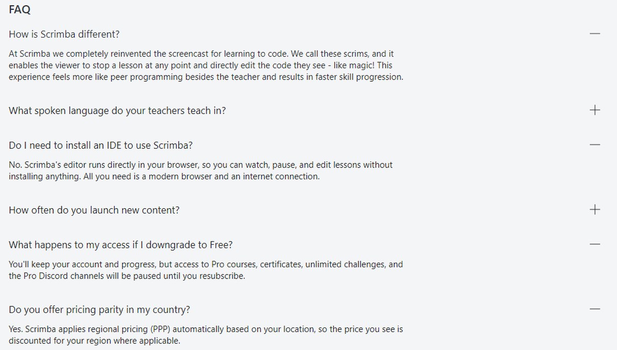 Scrimba FAQ explaining what a scrim is, that no IDE is required, and that regional PPP pricing applies