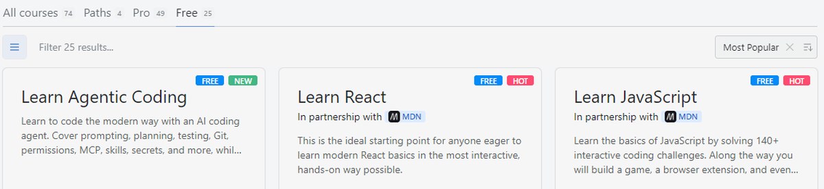 Scrimba free courses including Learn React and Learn JavaScript built in partnership with MDN