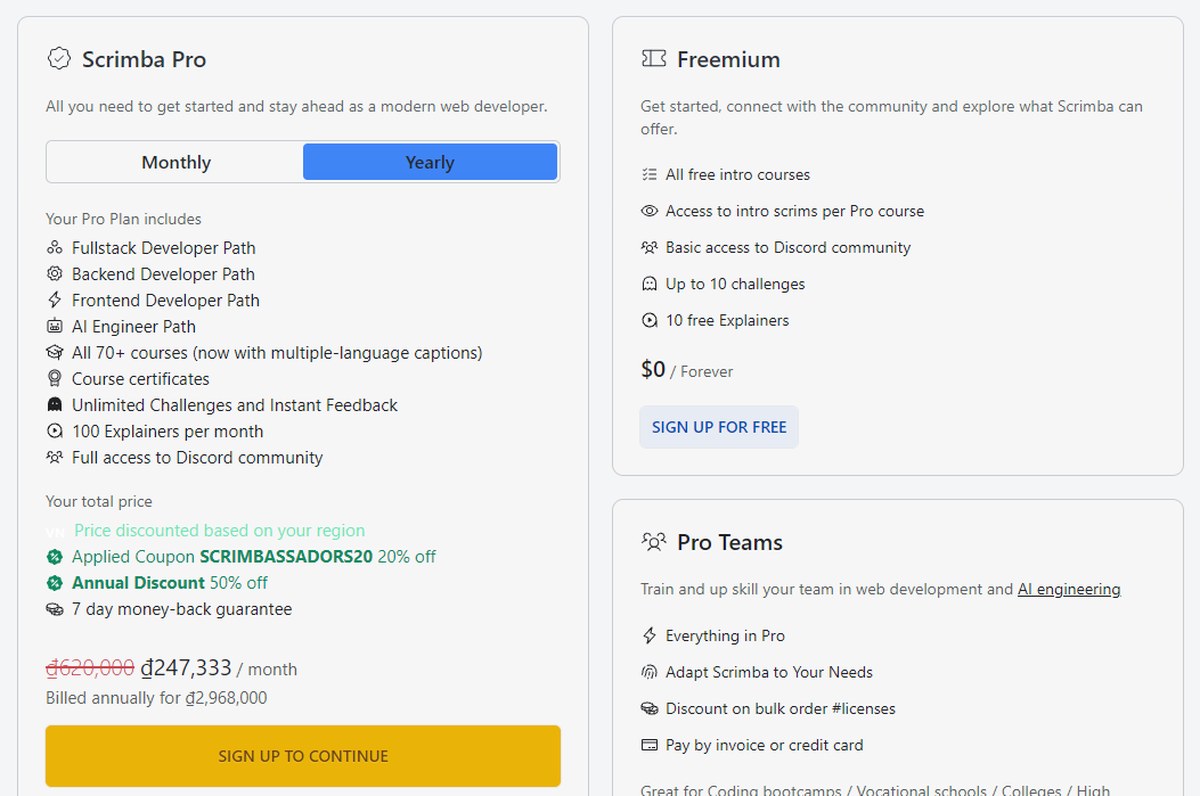 Scrimba pricing page showing the Pro, Freemium and Pro Teams plans side by side
