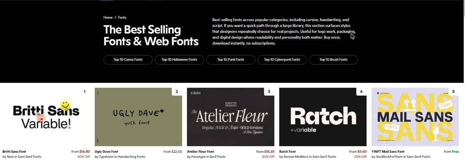 YouWorkForThem best selling fonts grid showing per-font prices and discounts