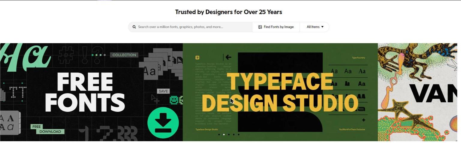 YouWorkForThem homepage search bar promising over a million fonts and graphics
